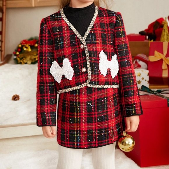 MODA ME COUTURE Other - red plaid matching jacket and skirt set with sequin bows festive holiday party